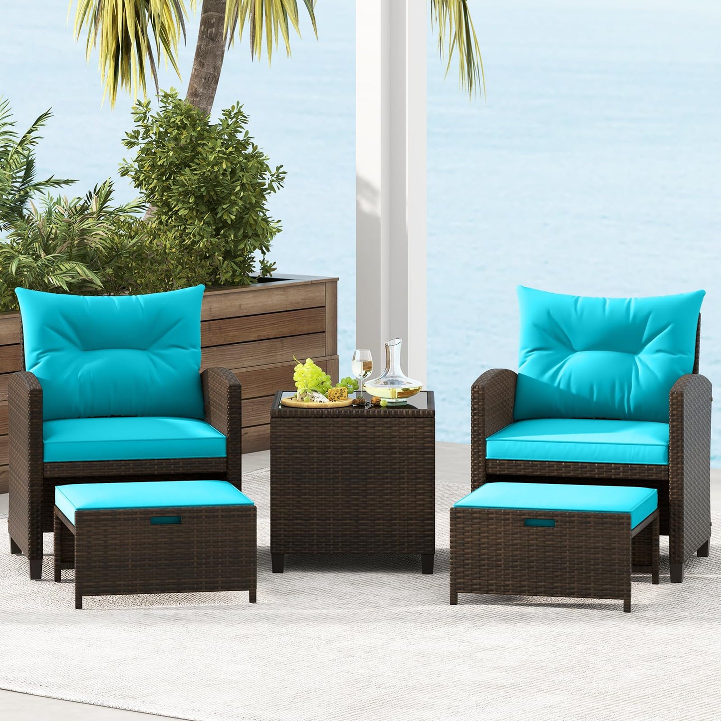 Tangkula 5 Piece Patio Rattan Furniture | Wicker Cushioned Chairs Set w/ 2 Ottomans & Tempered Glass Coffee Table