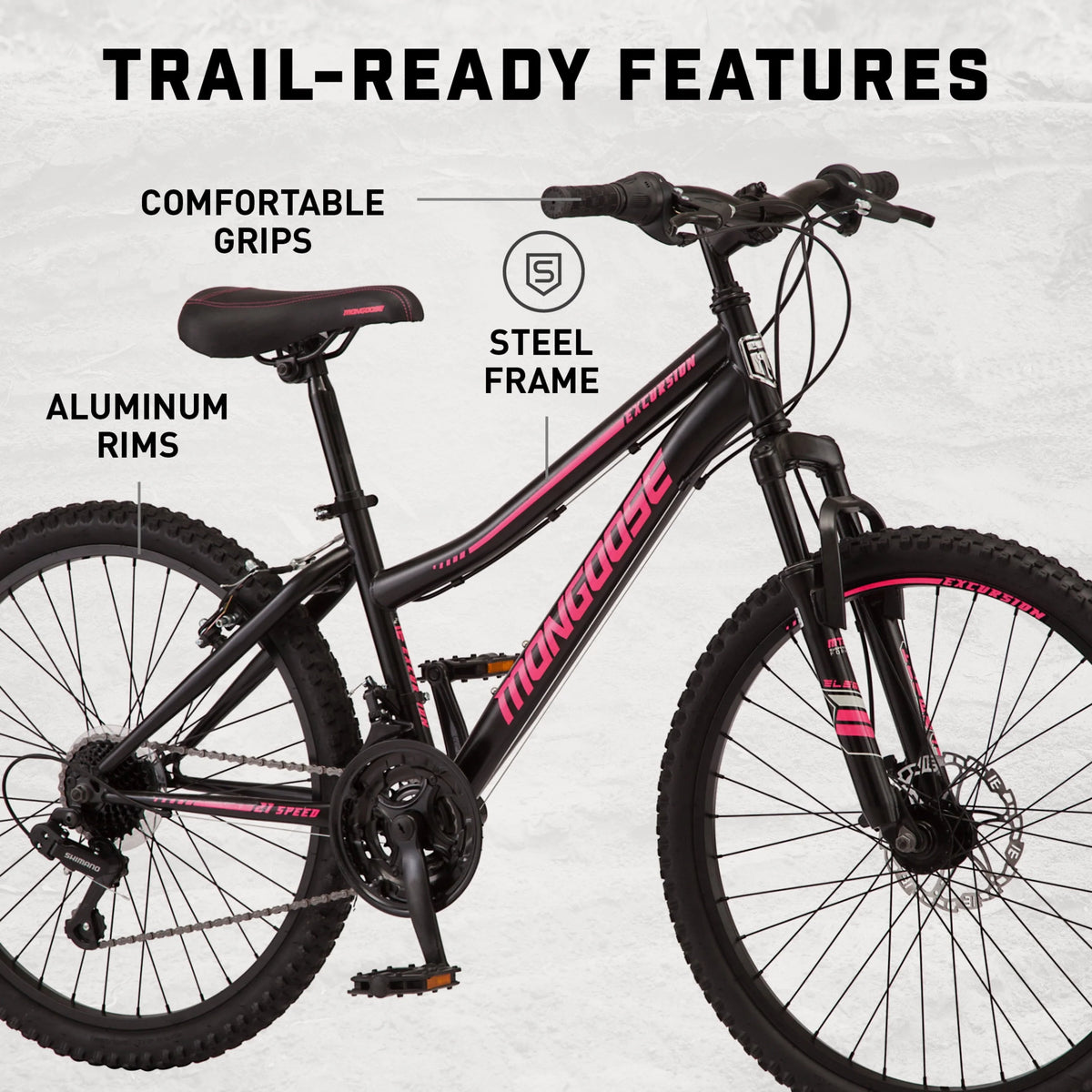 Mongoose 24 - In. Excursion Unisex Mountain Bike, Black, 21 Speeds - Product image 5