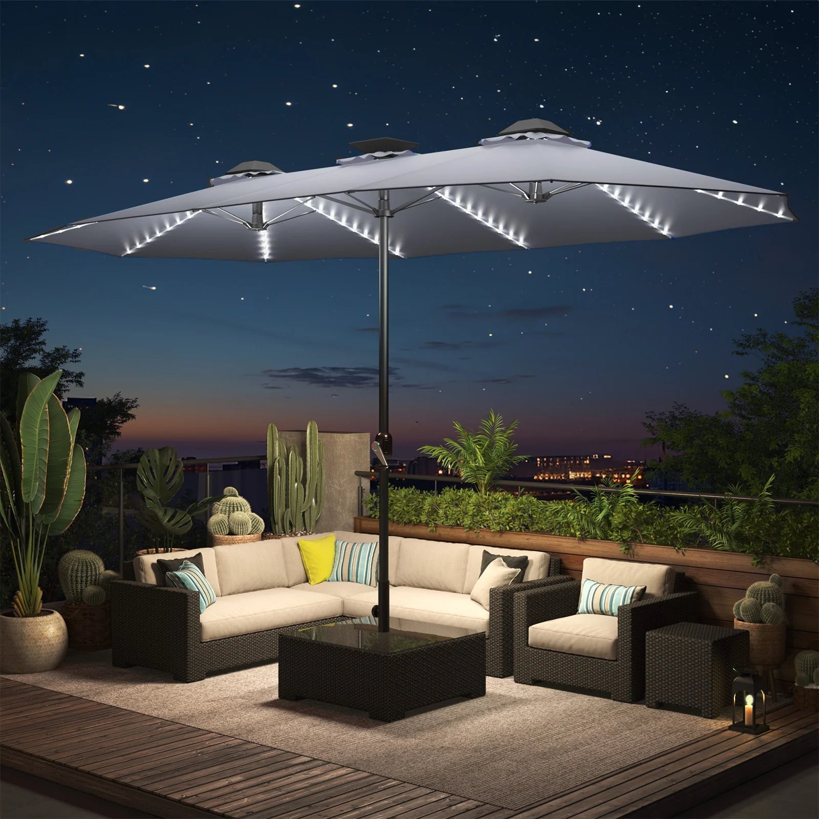 AECOJOY 15ft Patio Double-Sided Umbrella, 156 PCS Solar LED Light Outdoor Large Umbrella, Grey