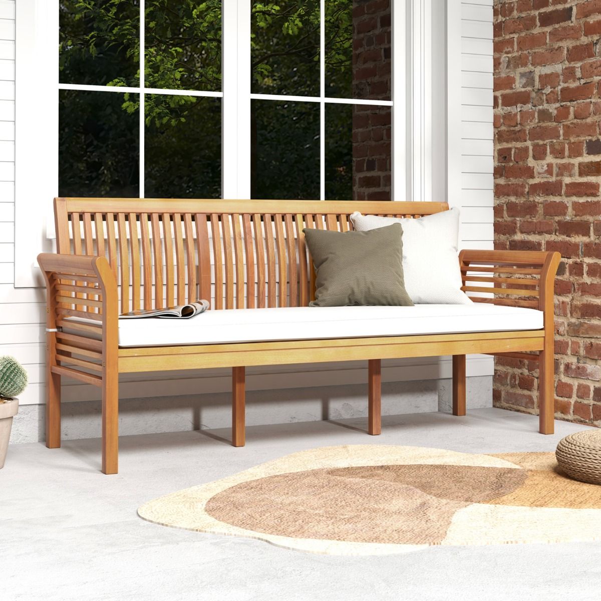 3-Seater Wooden Terrace Bench 159 cm Long Acacia Bench with Soft Seat Cushions Ergonomic Backrest and Armrests White -