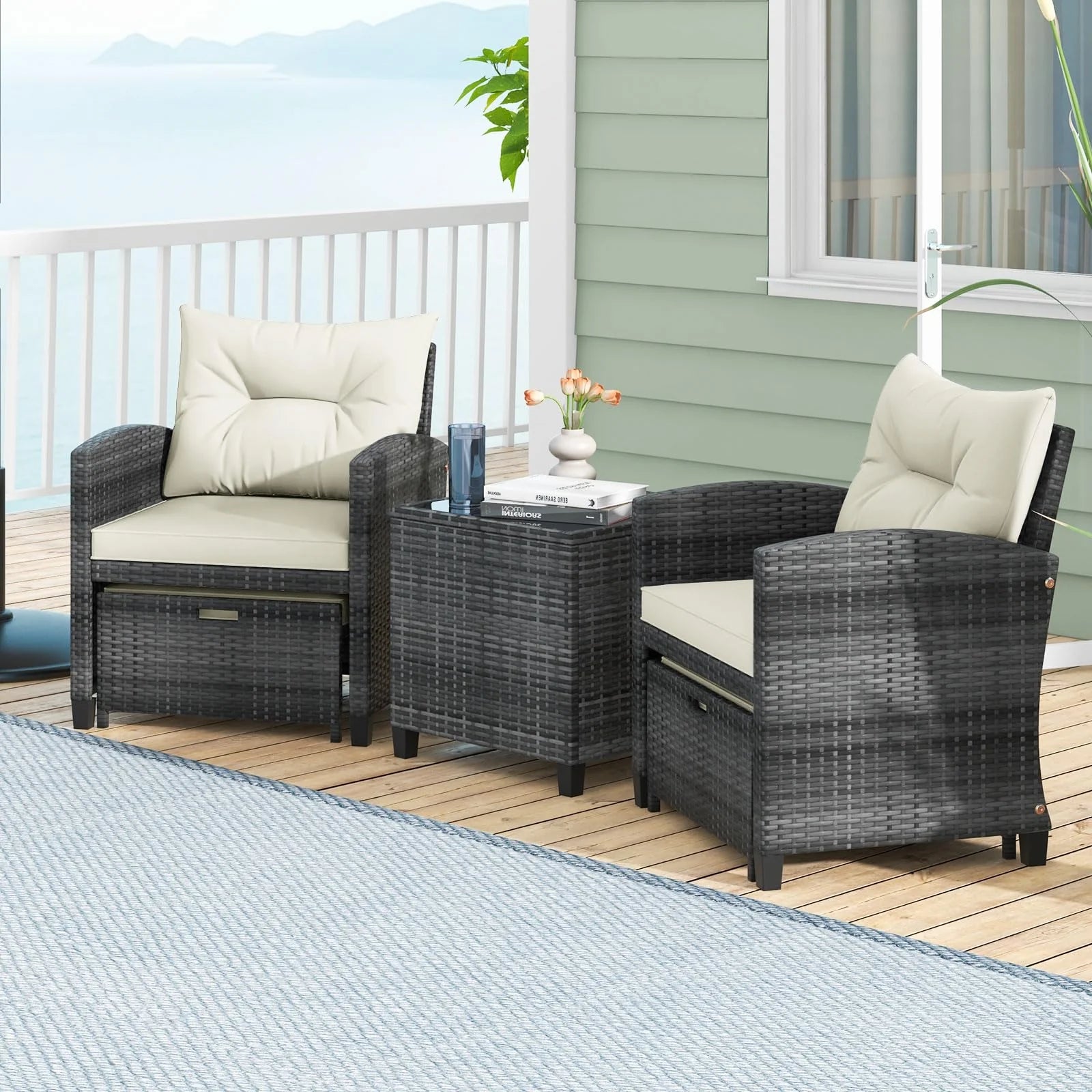 Tangkula 5 Piece Patio Rattan Furniture | Wicker Cushioned Chairs Set w/ 2 Ottomans & Tempered Glass Coffee Table