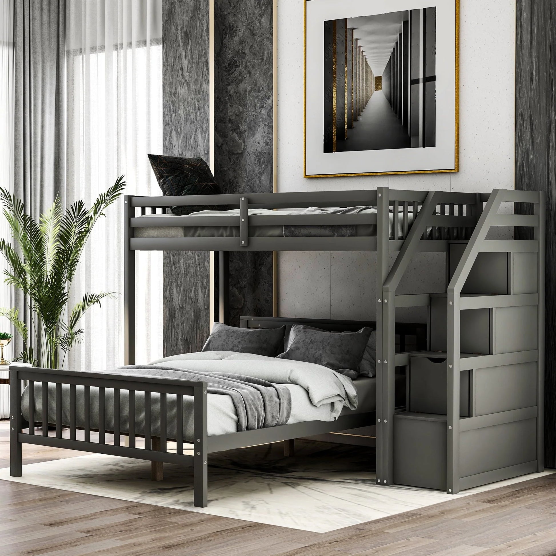 Euroco Wood Stairway Twin Loft Bed with Full Platform and Drawer - Product image 1