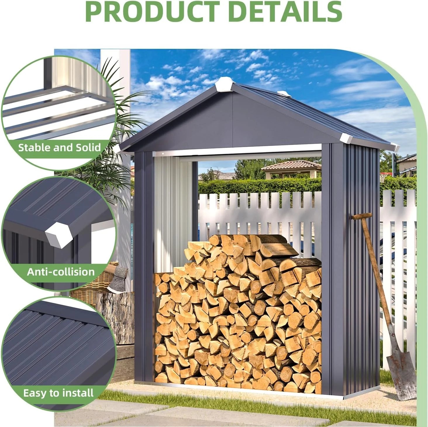 AECOJOY 5x2 Outdoor Storage Shed, Firewood Rack Waterproof Metal Tool Sheds - Product image 4