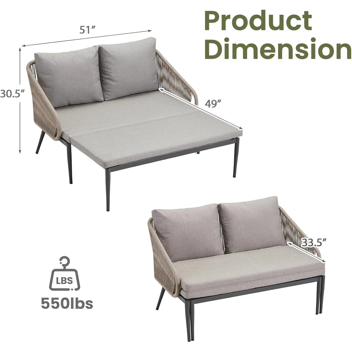 AECOJOY Outdoor Double Chaise Lounge Chair, Convertible Patio Loveseat Sofa Couch with Cushions - Product image 11