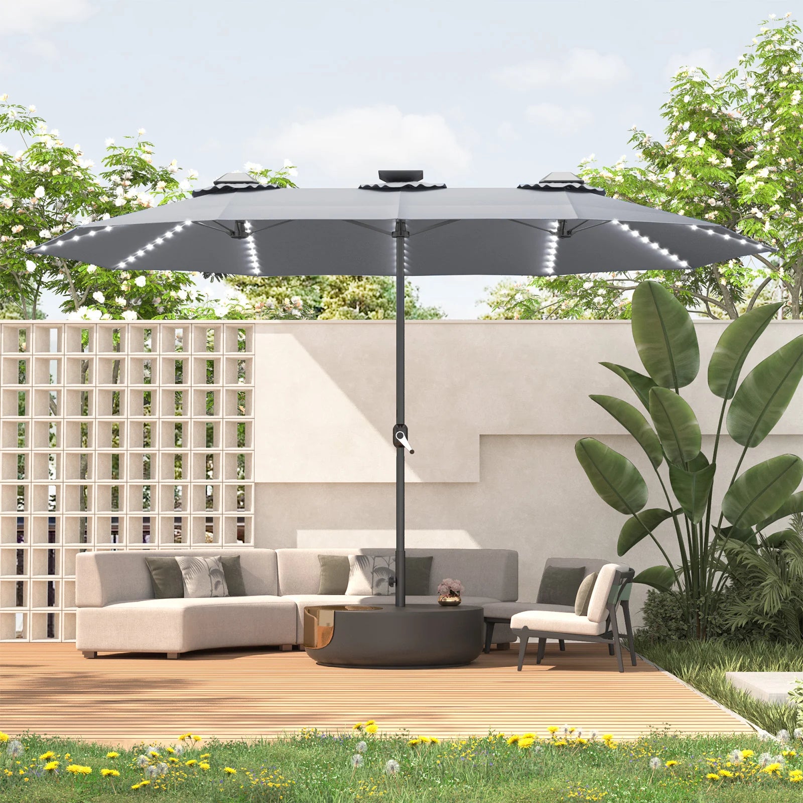AECOJOY 15ft Patio Double-Sided Umbrella, 156 PCS Solar LED Light Outdoor Large Umbrella, Grey