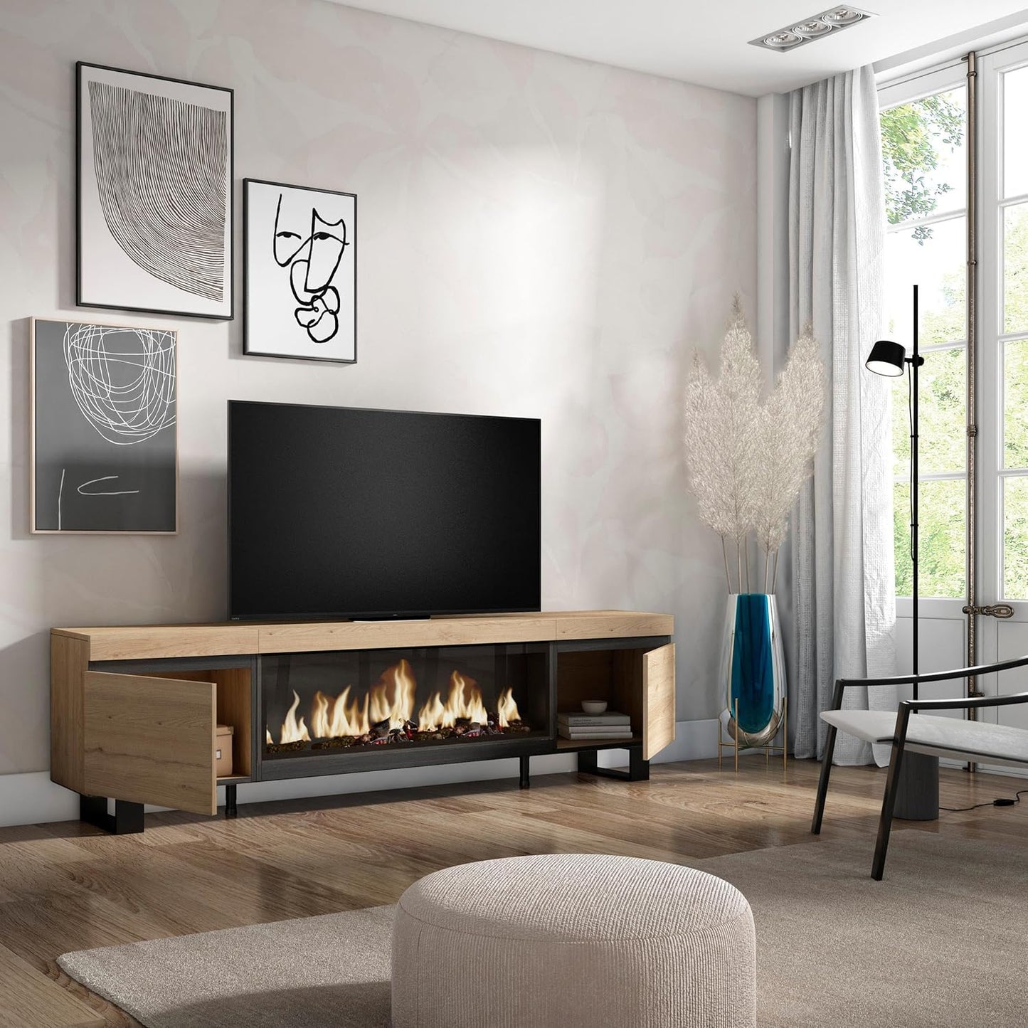 Skraut Home | TV cabinet | TV Bench | Large Storage Space | 210 | for TVs up to 80" | XXL electric fireplace | Industrial Design | Modern Style | Oak