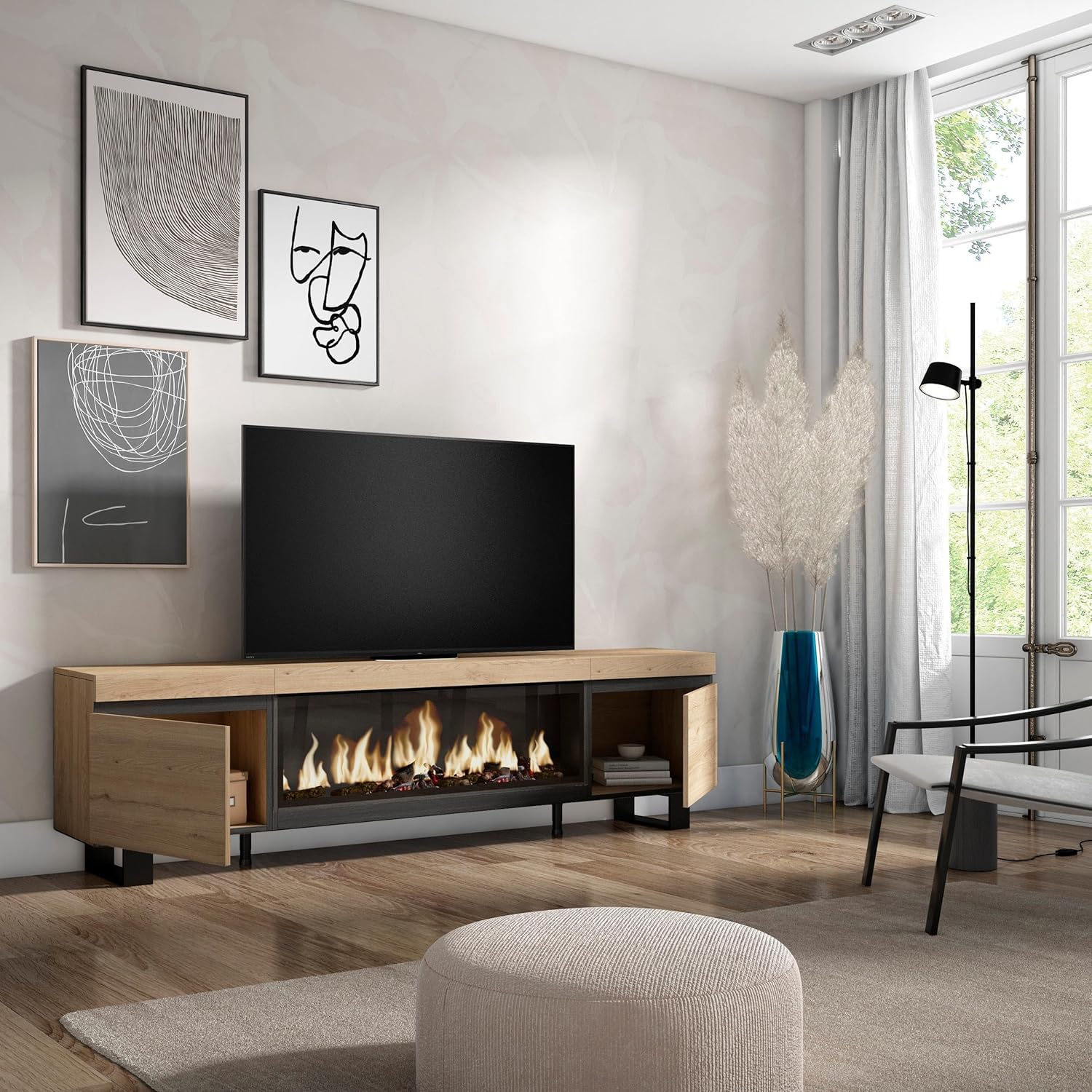 Skraut Home | TV cabinet | TV Bench | Large Storage Space | 210 | for TVs up to 80" | XXL electric fireplace | Industrial Design | Modern Style | Oak