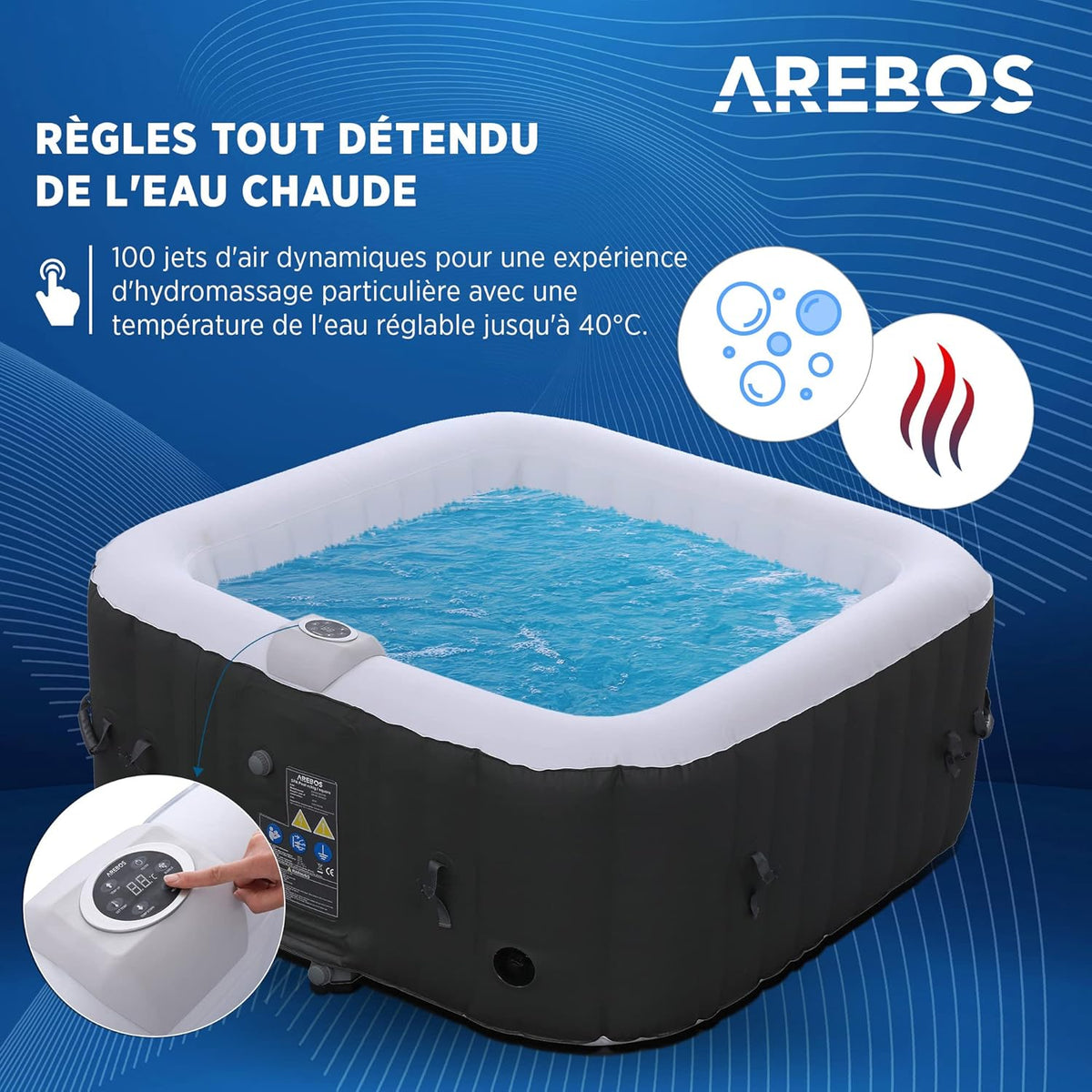 Arebos Inflatable Spa | for indoors and outdoors | 4 People | 154x154cm | 100 Massage Jets | Spa Well-being Heating | Square Inflatable Massage | 600 liters