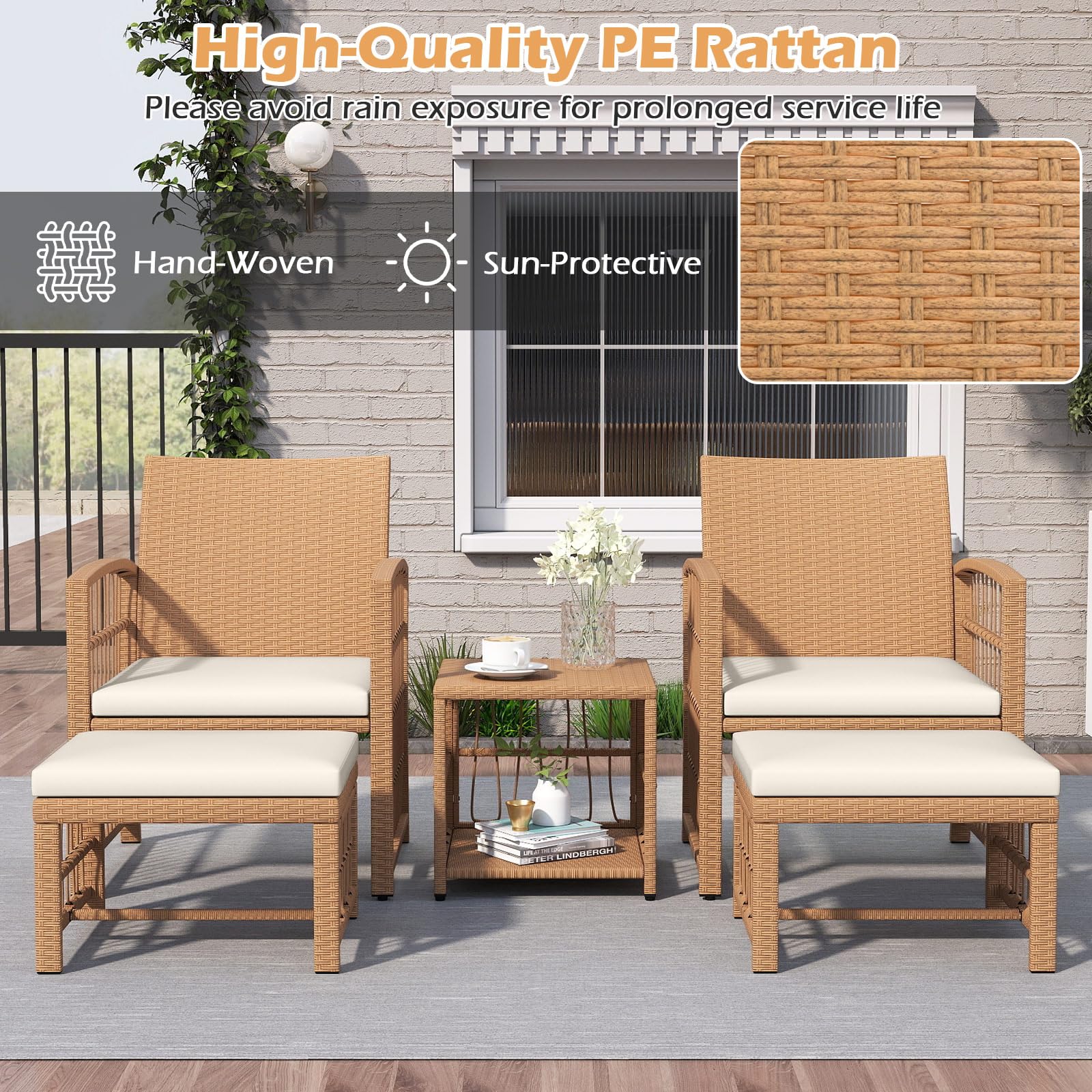 Tangkula 5 Piece Patio Wicker Conversation Set Includes 2 Armchairs, 2 Ottomans & 2-Tier Side Table - Product image 4