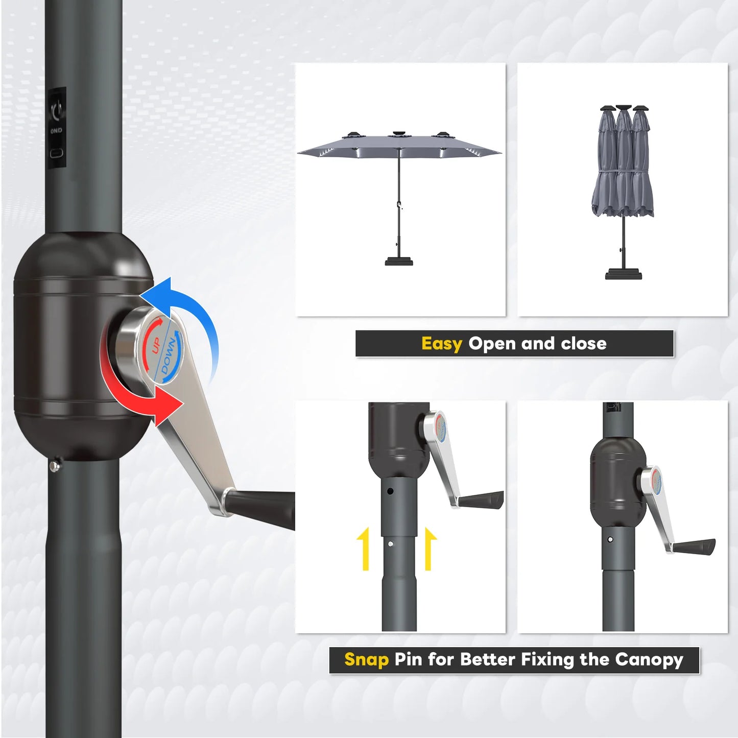 AECOJOY 15ft Patio Double-Sided Umbrella, 156 PCS Solar LED Light Outdoor Large Umbrella, Grey