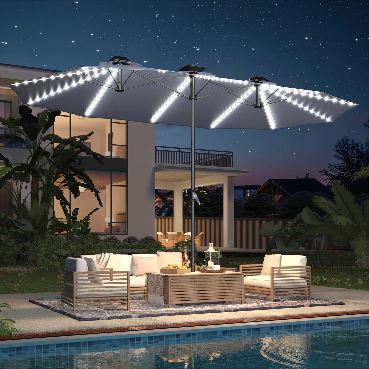 AECOJOY 15ft Patio Double-Sided Umbrella, 156 PCS Solar LED Light Outdoor Large Umbrella, Grey