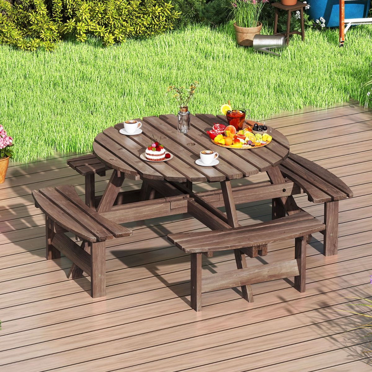 Wooden Picnic Table Set for 2-8 People Circular Table and Bench Set with 4 Integrated Benches 5cm Umbrella Hole Brown/Yellow -