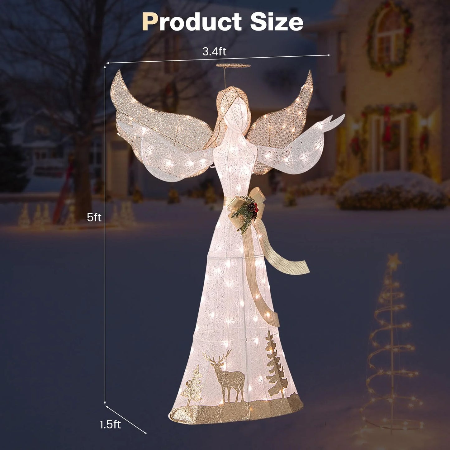Tangkula 5 FT Lighted Christmas Angel, Outdoor Pre-lit 3D Glittered Angel with 100 Warm White Lights - Product image 10