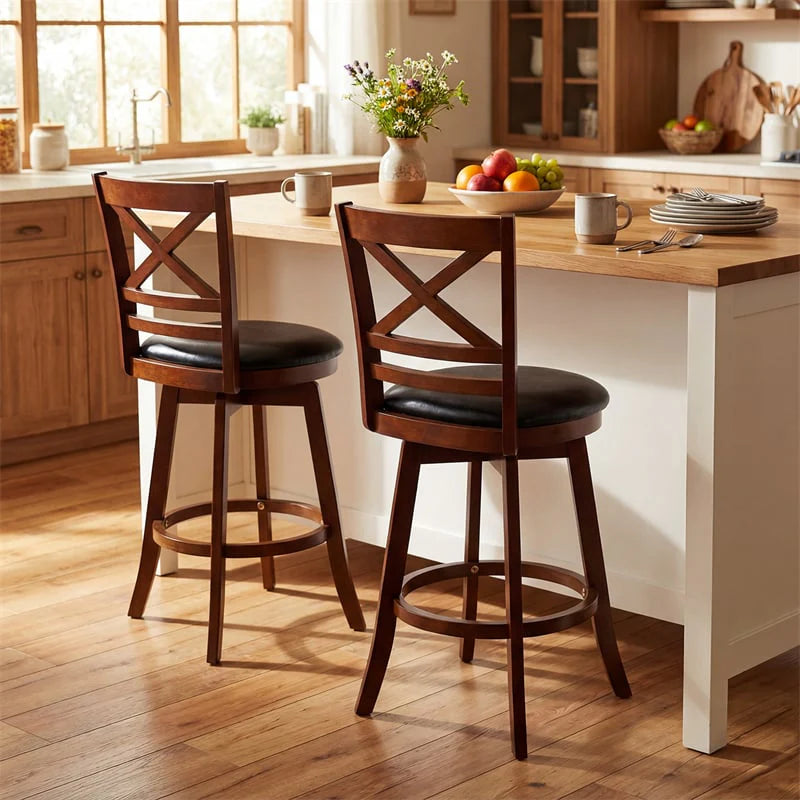Set of 2 Swivel Counter Height Bar Stools, 25" Rubber Wood Barstools with High Back - Product image 2