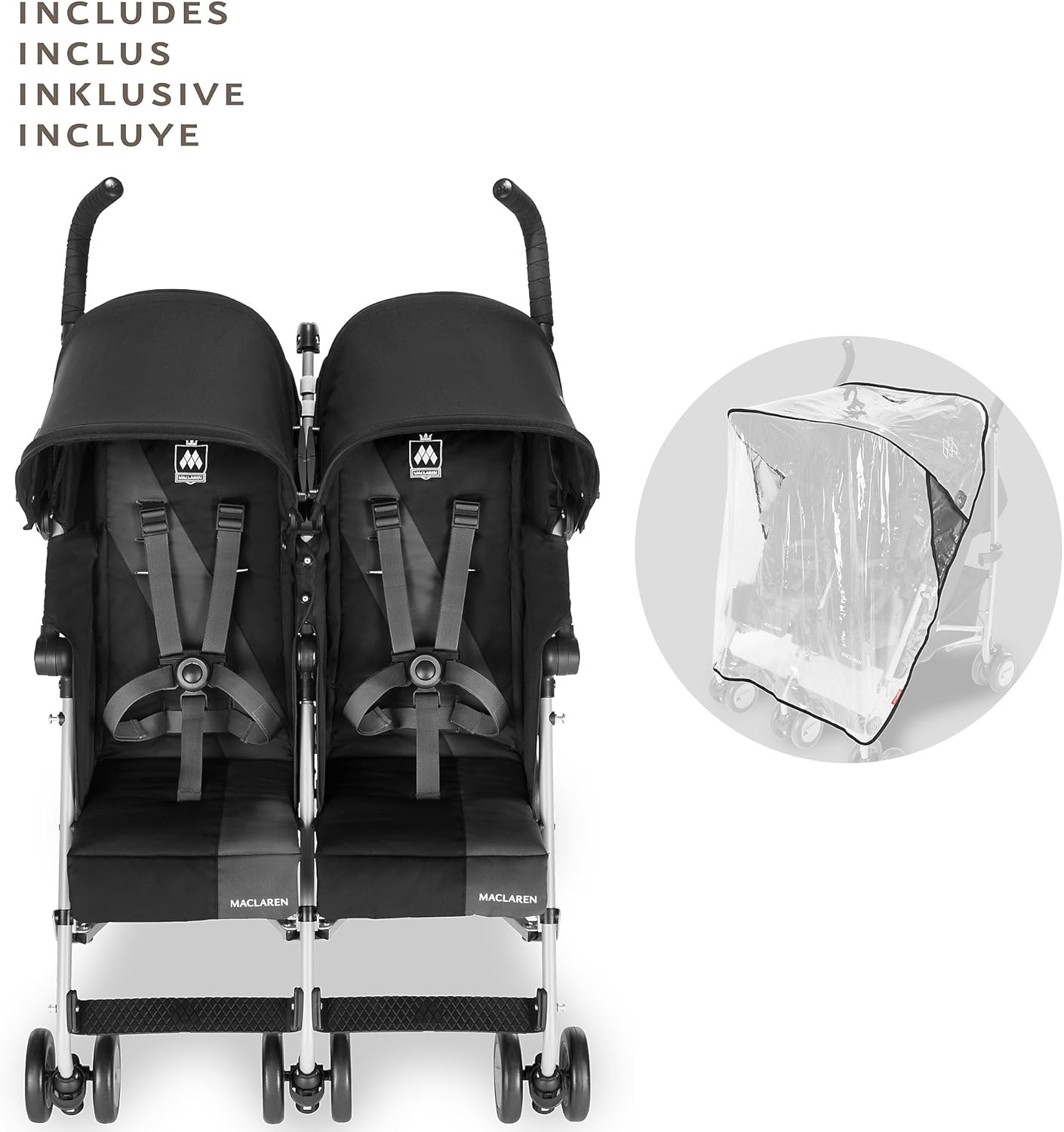Maclaren Twin Triumph double stroller (6 months, up to 15 kg, one child per seat), light and compact, UPF 50+ extendable hood with rain cover - Black/Anthracite