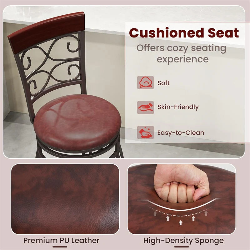 26" Vintage Swivel Bar Stools Set of 2, Counter Height Metal Barstools with Back & Upholstered PU Leather - Product image 6