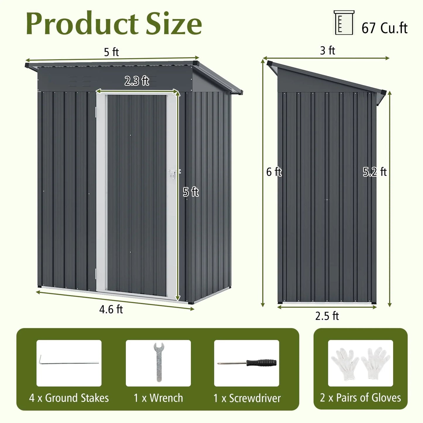5 x 3 FT Outdoor Storage Shed, Galvanized Metal Tool House with Sloped Roof, 2 Vents, Lockable Door - Product image 9