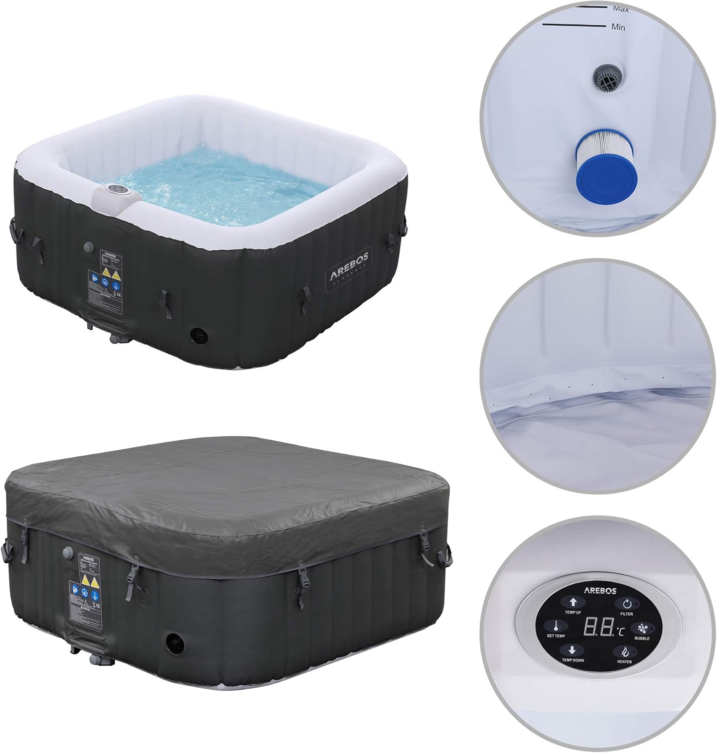 Arebos Inflatable Spa | for indoors and outdoors | 4 People | 154x154cm | 100 Massage Jets | Spa Well-being Heating | Square Inflatable Massage | 600 liters