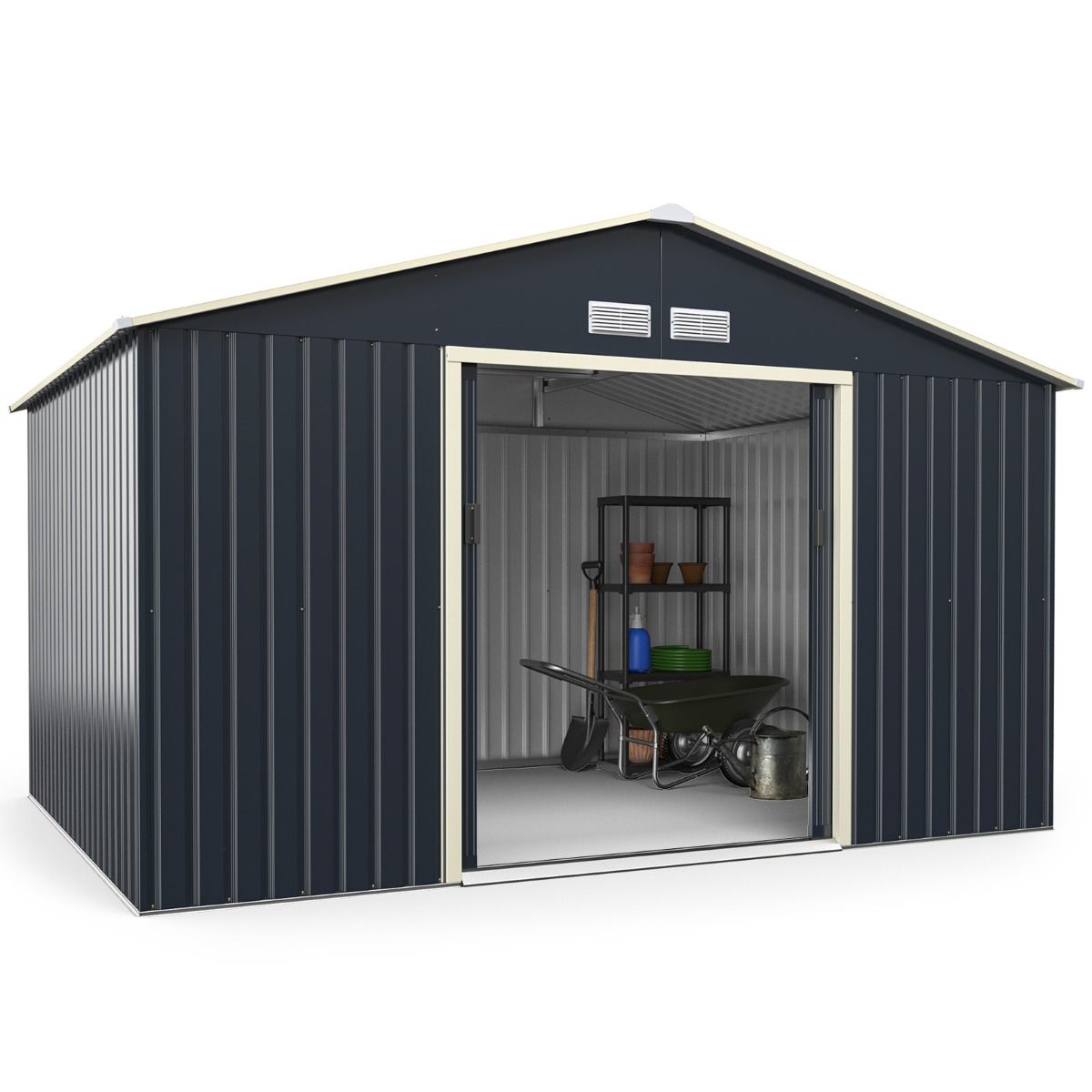 Metal Garden Shed & Extension 10.85 with 2 Lockable Sliding Doors 4 Gray Ventilation Holes for Bicycle -