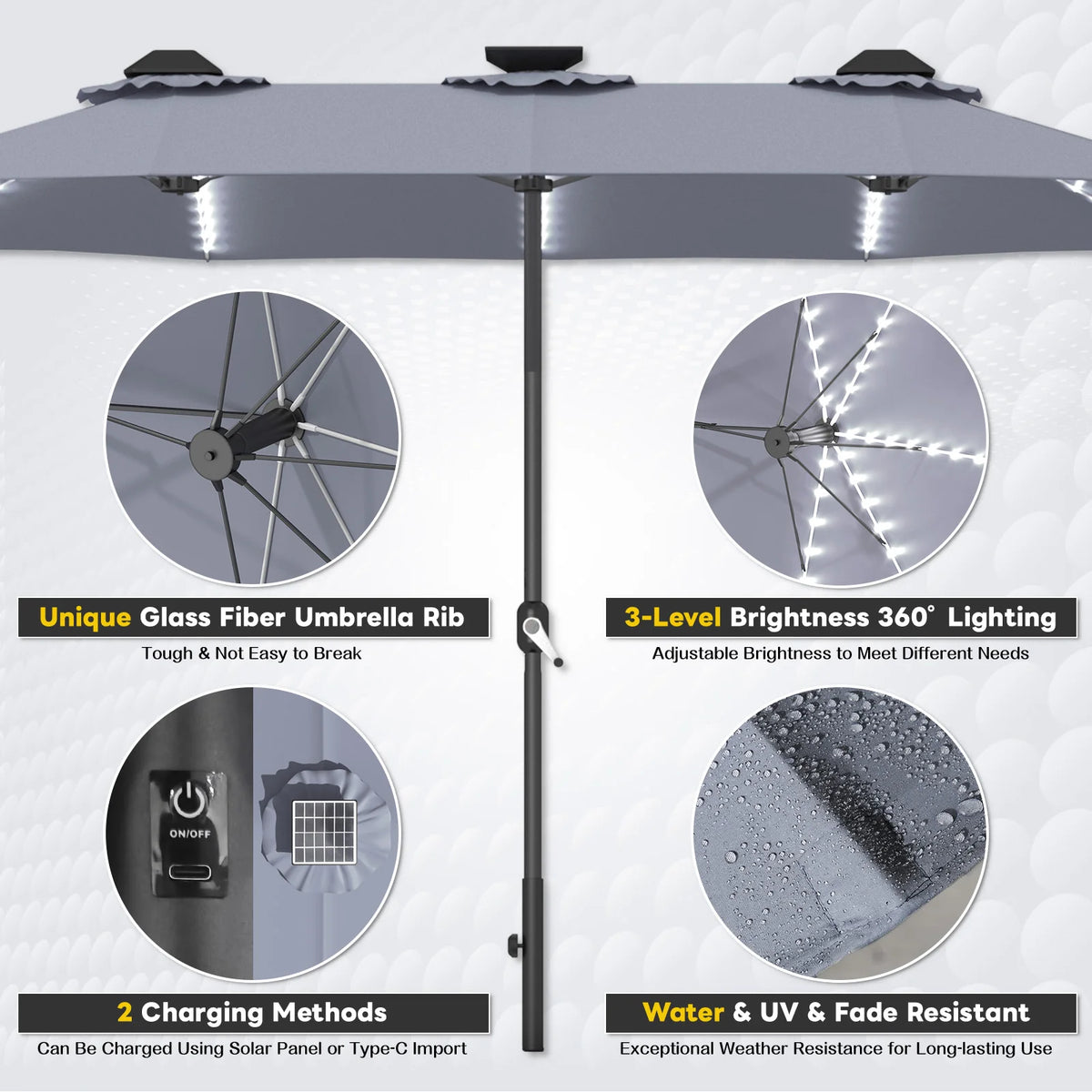 AECOJOY 15ft Patio Double-Sided Umbrella, 156 PCS Solar LED Light Outdoor Large Umbrella, Grey
