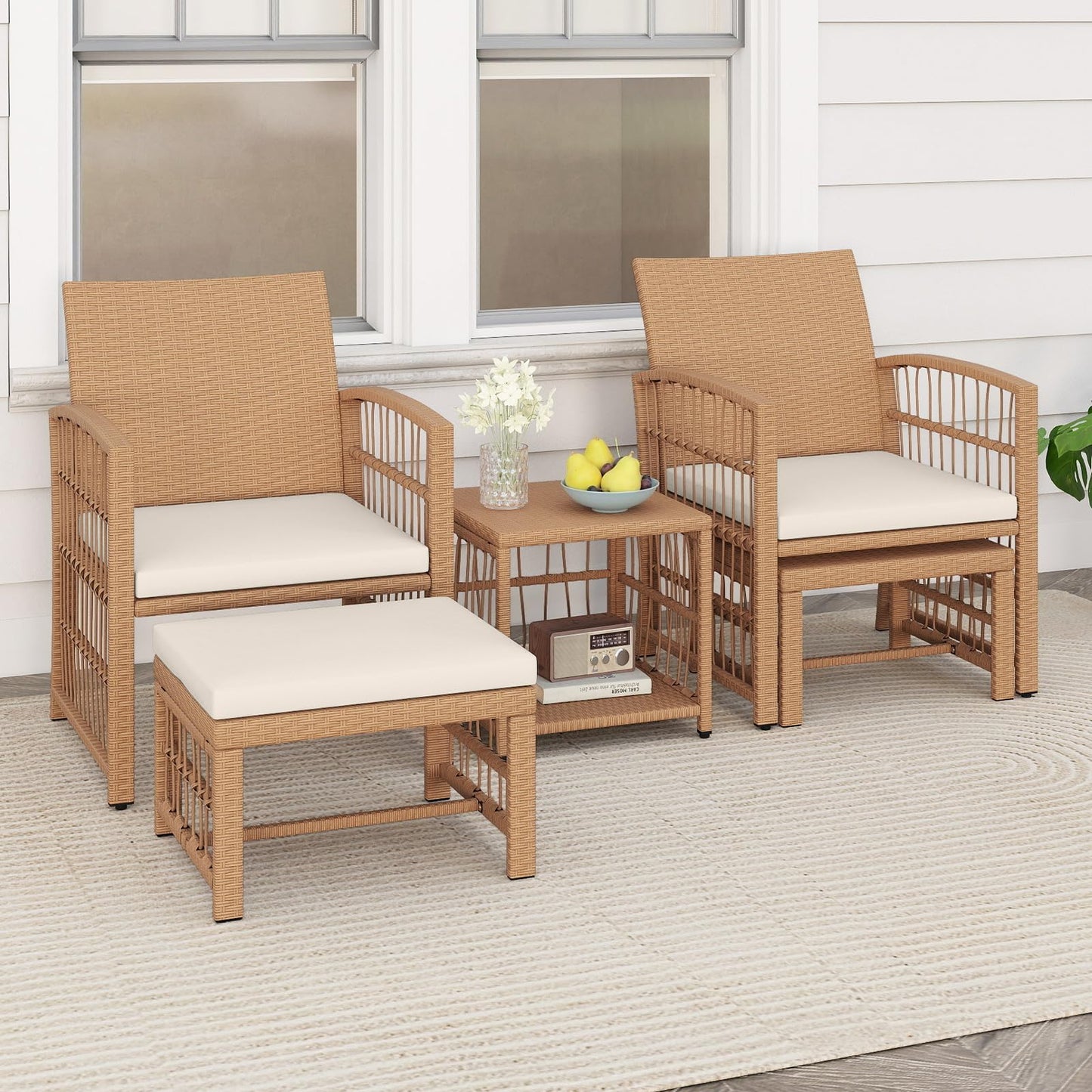 Tangkula 5 Piece Patio Wicker Conversation Set Includes 2 Armchairs, 2 Ottomans & 2-Tier Side Table - Product image 2