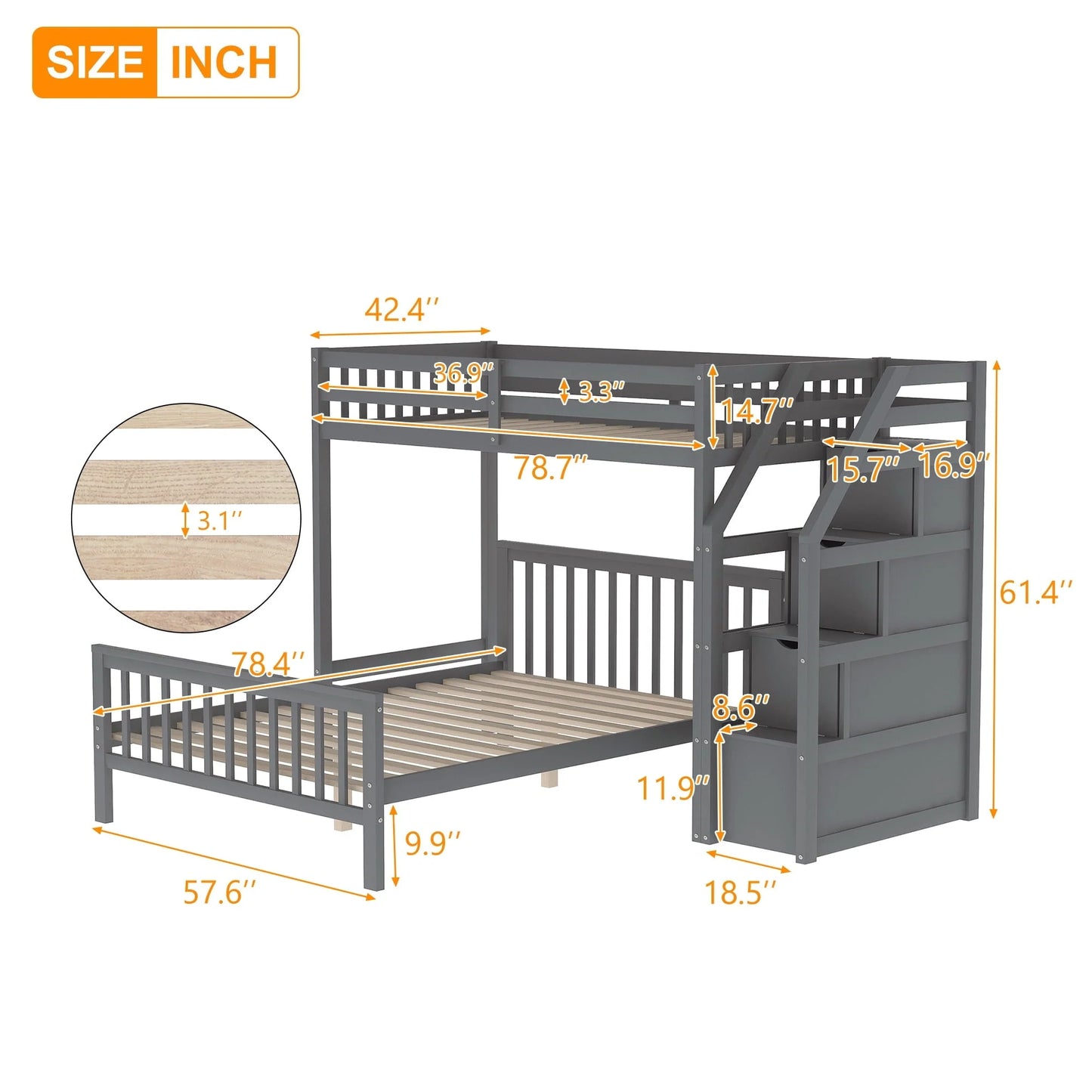 Euroco Wood Stairway Twin Loft Bed with Full Platform and Drawer - Product image 12