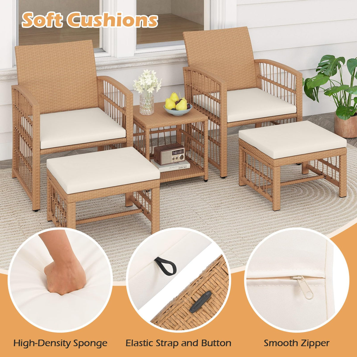 Tangkula 5 Piece Patio Wicker Conversation Set Includes 2 Armchairs, 2 Ottomans & 2-Tier Side Table - Product image 5