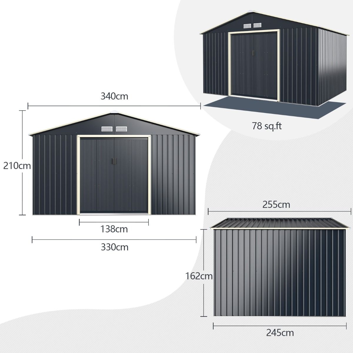 Metal Garden Shed & Extension 10.85 with 2 Lockable Sliding Doors 4 Gray Ventilation Holes for Bicycle -