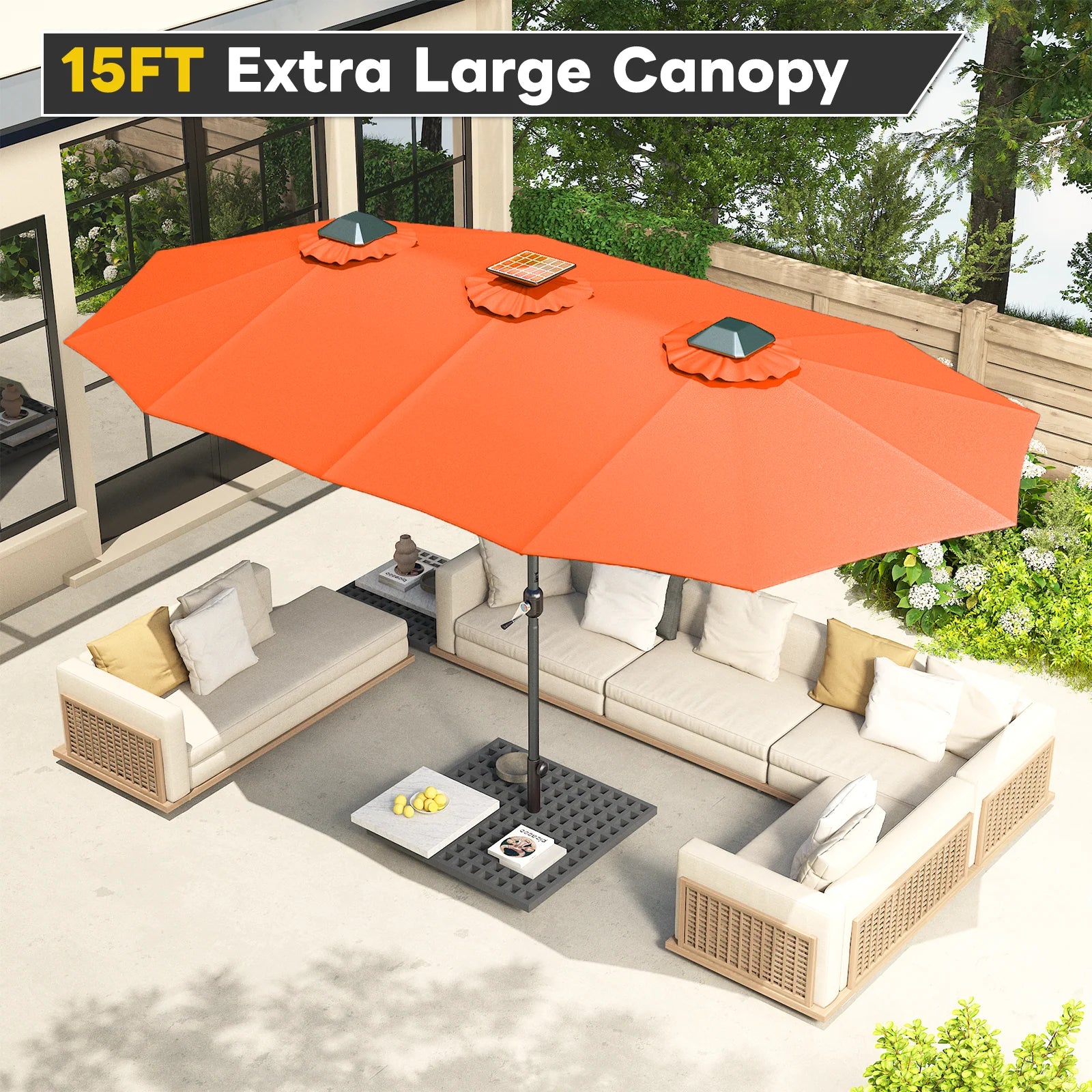 AECOJOY 15ft Patio Double-Sided Umbrella, 156 PCS Solar LED Light Outdoor Large Umbrella, Orange - Product image 6