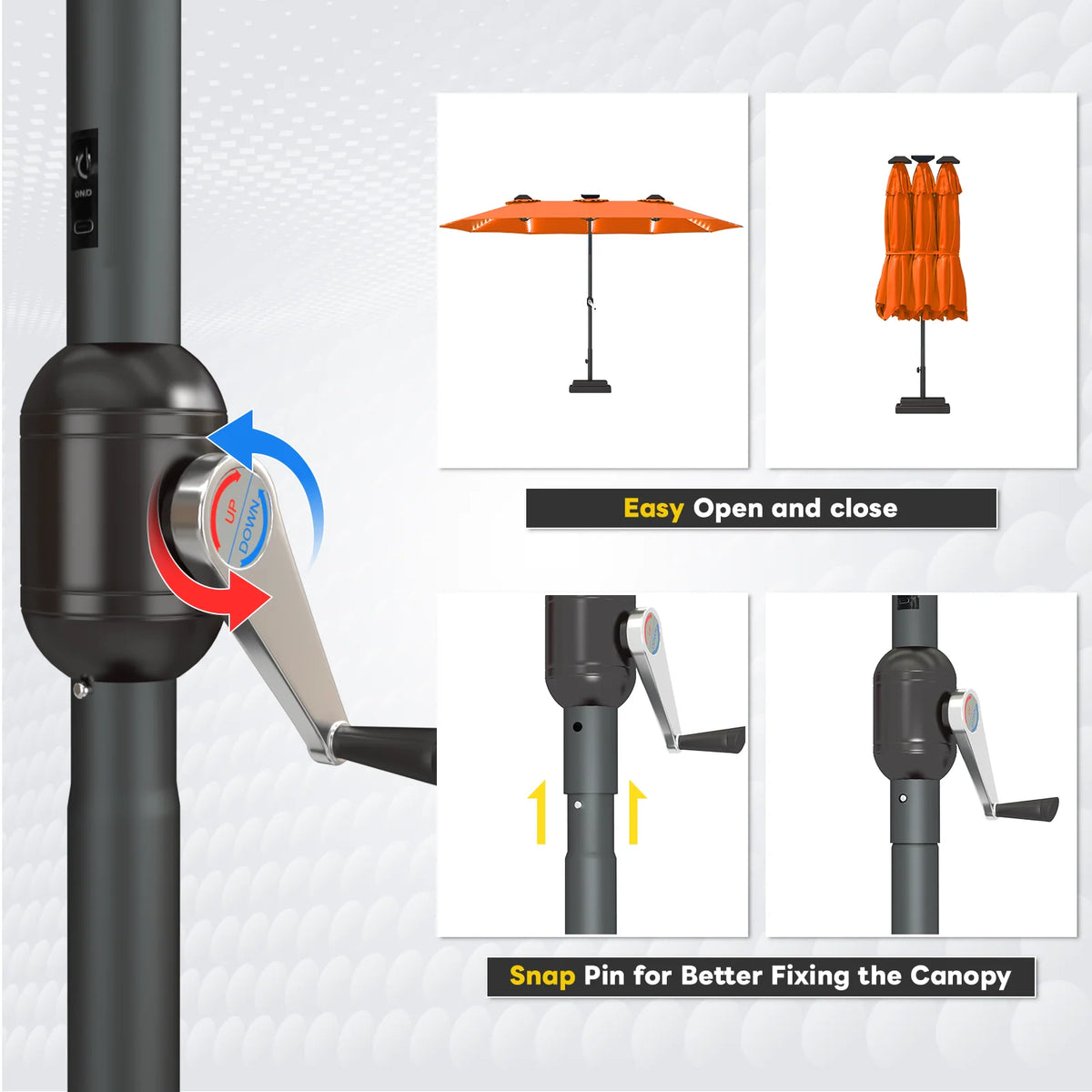 AECOJOY 15ft Patio Double-Sided Umbrella, 156 PCS Solar LED Light Outdoor Large Umbrella, Orange - Product image 5
