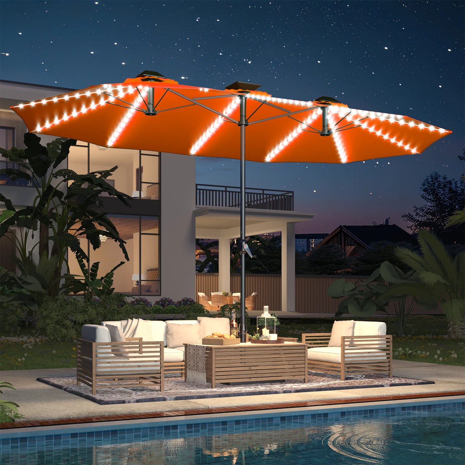 AECOJOY 15ft Patio Double-Sided Umbrella, 156 PCS Solar LED Light Outdoor Large Umbrella, Orange - Product image 8