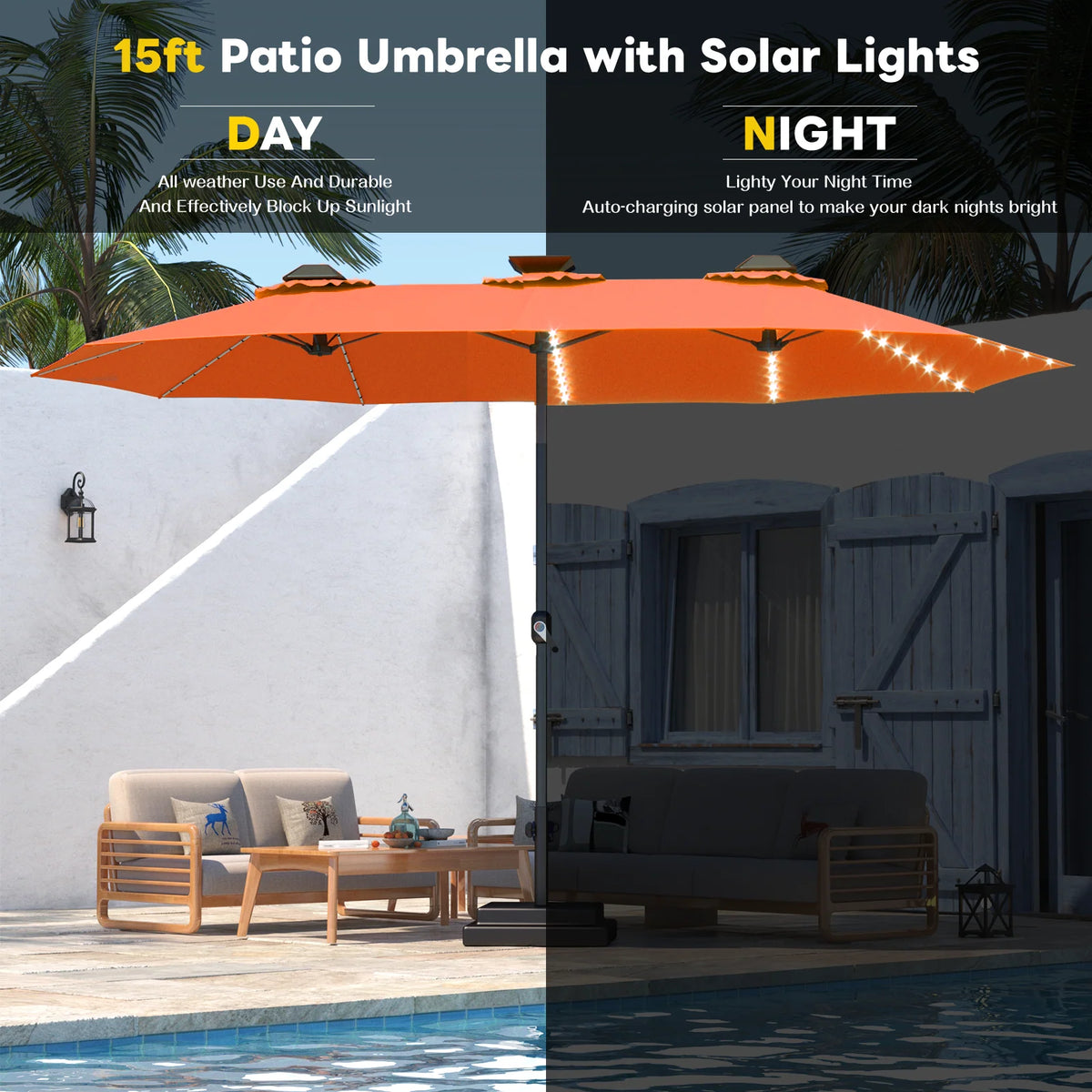 AECOJOY 15ft Patio Double-Sided Umbrella, 156 PCS Solar LED Light Outdoor Large Umbrella, Orange - Product image 7